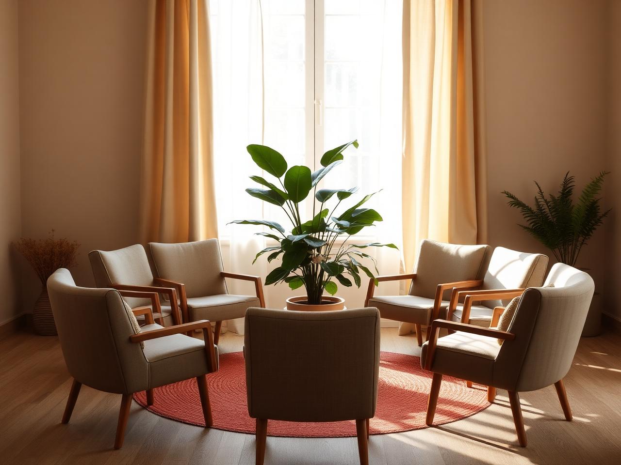 A serene therapy group room with a circle of upholstered chairs and natural light